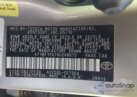 2016 Toyota Camry Se from USA, damaged, VIN 4T1BF1FK7GU249013